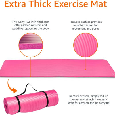 Amazon Basics 1/2 Inch Extra Thick Exercise Yoga Mat with Carrying Strap, Cushioned Support, for Fitness and Gym Workouts