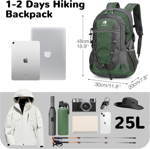 25L Small Waterproof Hiking Backpack Day Pack Bag Men Women, Lightweight Travel Backpack with Padded Straps, Green