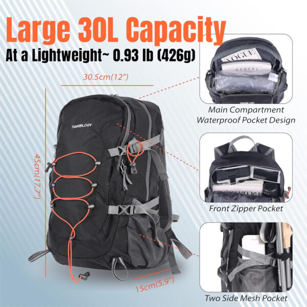 TREKOLOGY 30L Waterproof Lightweight Backpack – Foldable, Durable Daypack for Men & Women with Chest Strap & Multiple Compartments – Compact, Comfortable, Ideal for Hiking, Camping, Travel & Outdoors