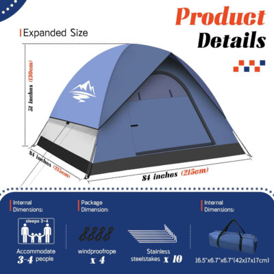 Tents for Camping,3-4 Person Camping Tent,Waterproof and Windproof Tent, Easy to Set up Outdoor Dome Tent for Outdoor Activities, Adventure, Festivals, Backyard,Hiking