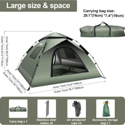 Instant Pop Up Tents for Camping, 2-3 Person Camping Tent 60s Automatic Easy Setup Tent, Double-Thick Waterproof Instant Tents for Hiking Backpacking