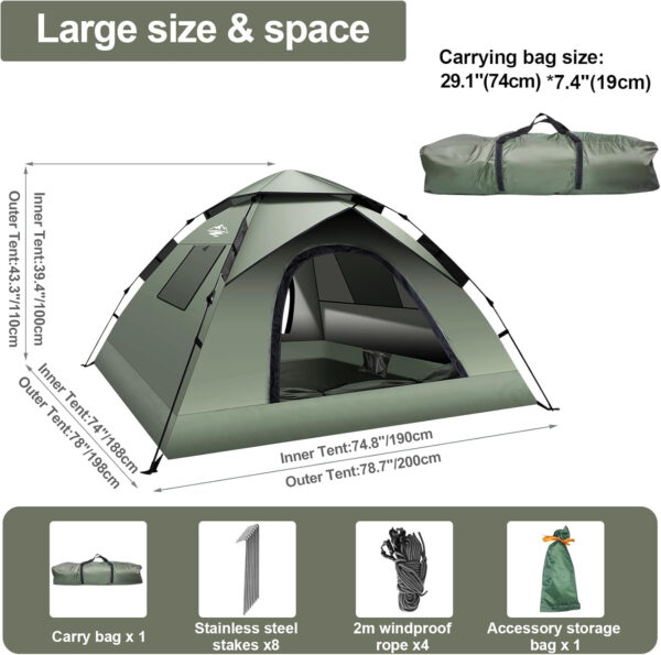 Instant Pop Up Tents for Camping, 2-3 Person Camping Tent 60s Automatic Easy Setup Tent, Double-Thick Waterproof Instant Tents for Hiking Backpacking