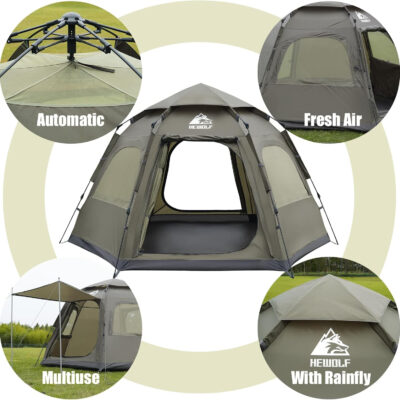 Hewolf 2/3/4 Person Camping Tent - Instant Pop Up Waterproof 2 Doors Tent with Easy Setup | 3-Season Hexagonal Dome Design for Family, Hiking & Traveling