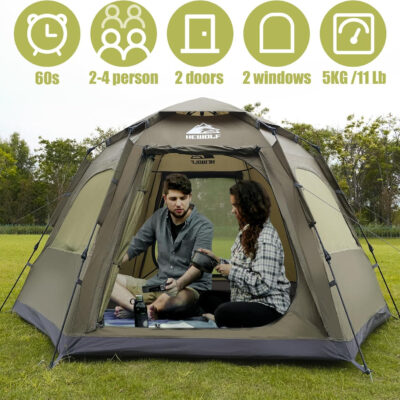 Hewolf 2/3/4 Person Camping Tent - Instant Pop Up Waterproof 2 Doors Tent with Easy Setup | 3-Season Hexagonal Dome Design for Family, Hiking & Traveling