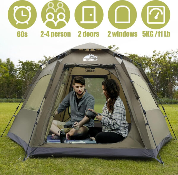 Hewolf 2/3/4 Person Camping Tent - Instant Pop Up Waterproof 2 Doors Tent with Easy Setup | 3-Season Hexagonal Dome Design for Family, Hiking & Traveling