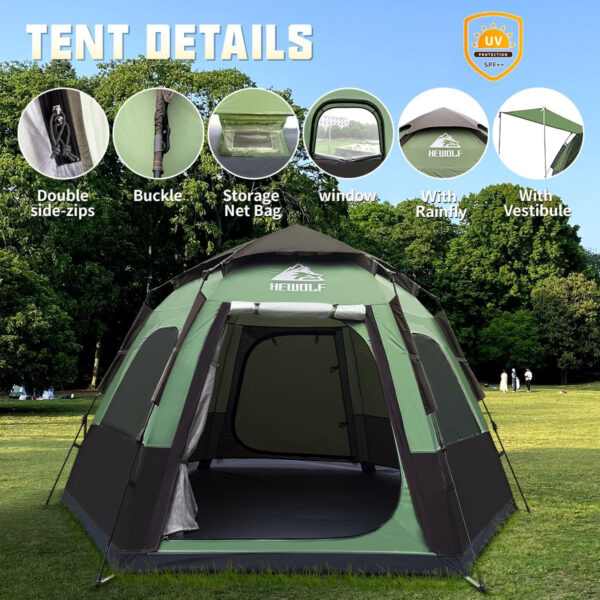 Hewolf 2/3/4 Person Camping Tent - Instant Pop Up Waterproof 2 Doors Tent with Easy Setup | 3-Season Hexagonal Dome Design for Family, Hiking & Traveling