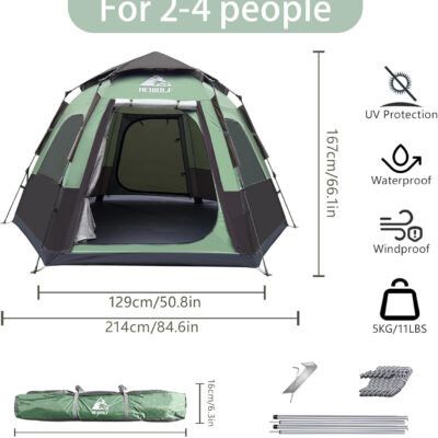 Hewolf 2/3/4 Person Camping Tent - Instant Pop Up Waterproof 2 Doors Tent with Easy Setup | 3-Season Hexagonal Dome Design for Family, Hiking & Traveling