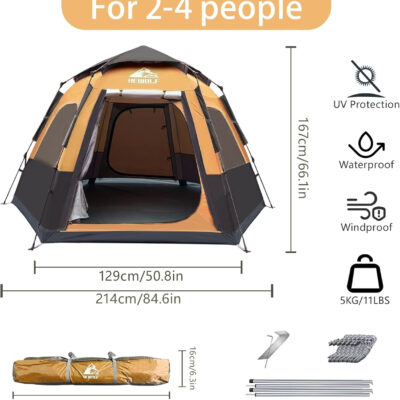 Hewolf 2/3/4 Person Camping Tent - Instant Pop Up Waterproof 2 Doors Tent with Easy Setup | 3-Season Hexagonal Dome Design for Family, Hiking & Traveling