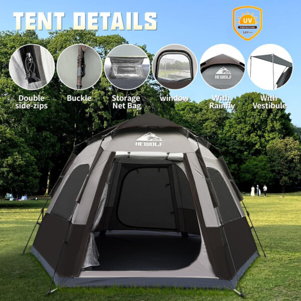 Hewolf 2/3/4 Person Camping Tent - Instant Pop Up Waterproof 2 Doors Tent with Easy Setup | 3-Season Hexagonal Dome Design for Family, Hiking & Traveling