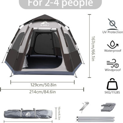 Hewolf 2/3/4 Person Camping Tent - Instant Pop Up Waterproof 2 Doors Tent with Easy Setup | 3-Season Hexagonal Dome Design for Family, Hiking & Traveling