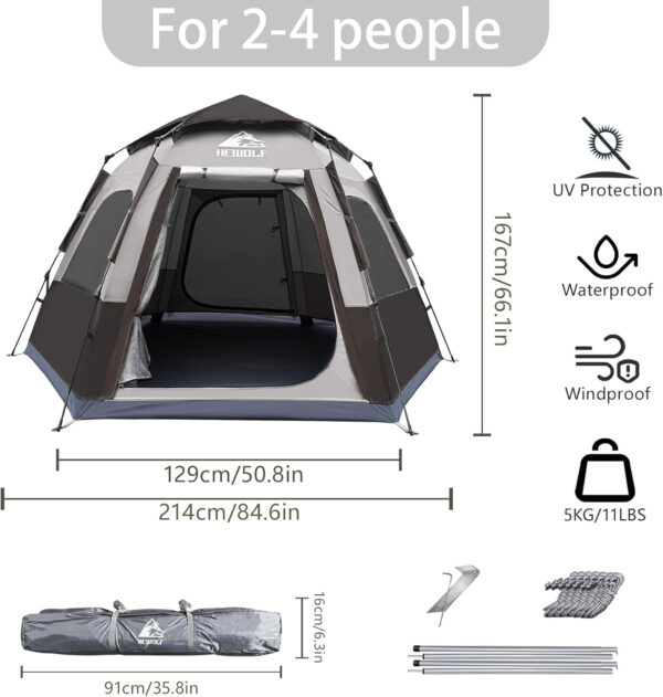 Hewolf 2/3/4 Person Camping Tent - Instant Pop Up Waterproof 2 Doors Tent with Easy Setup | 3-Season Hexagonal Dome Design for Family, Hiking & Traveling
