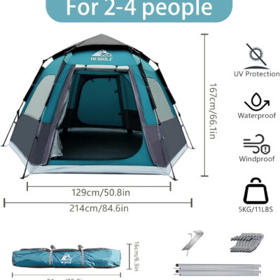 Hewolf 2/3/4 Person Camping Tent - Instant Pop Up Waterproof 2 Doors Tent with Easy Setup | 3-Season Hexagonal Dome Design for Family, Hiking & Traveling