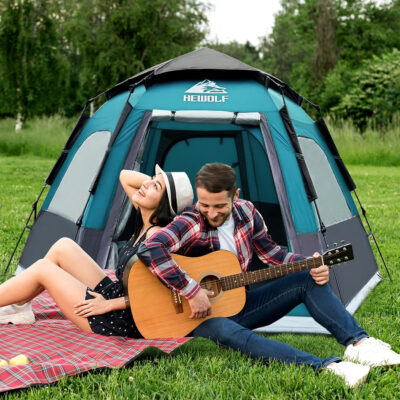 Hewolf 2/3/4 Person Camping Tent - Instant Pop Up Waterproof 2 Doors Tent with Easy Setup | 3-Season Hexagonal Dome Design for Family, Hiking & Traveling