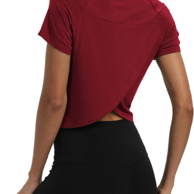 689a2219df1439def83a0620b507aac5b44011f666ea6100a1838.jpg Mippo Workout Tops for Women Cropped Split Back Athletic Gym Exercise Shirts Loose Fit