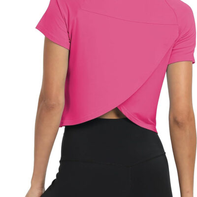 689a221bc7668de8ea498776fc7d79bd93feb233651300ab0b44f.jpg Mippo Workout Tops for Women Cropped Split Back Athletic Gym Exercise Shirts Loose Fit