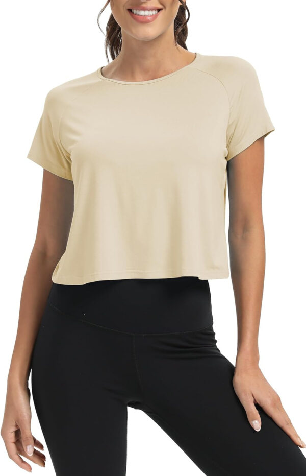 689a22211bcd3c13e5e17f5aeb1643d597435145c6dfa1e11b1b1.jpg Mippo Workout Tops for Women Cropped Split Back Athletic Gym Exercise Shirts Loose Fit