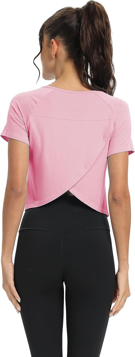 689a22425722badc6508e8ee2e8192fd6dbb49af69585eb038991.jpg Mippo Workout Tops for Women Cropped Split Back Athletic Gym Exercise Shirts Loose Fit