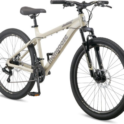 689a33b9cc832eda0ebc1f1d67974575398a66da434cb197c535b.jpg Mongoose Grafton Mountain Bike, 24, 26 or 27.5 Inch Bike, 21 Speed, Aluminum Frame, Knobby Mountain Tires, Suspension Fork, Trigger Shifters, Mechanical Disc Brakes, Teal, Tan, Blue or Purple