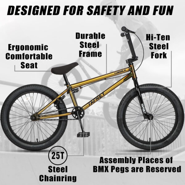 Freestyle BMX Bike, 20 Inch Yaphet Bicycle for Teen Beginner and Adult Riders, Bike with Hi-Ten Steel Frame, Multiple Colors