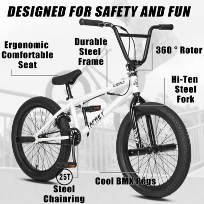 Freestyle BMX Bike, 20 Inch Yaphet Bicycle for Teen Beginner and Adult Riders, Bike with Hi-Ten Steel Frame, Multiple Colors