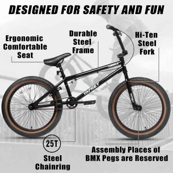 Freestyle BMX Bike, 20 Inch Yaphet Bicycle for Teen Beginner and Adult Riders, Bike with Hi-Ten Steel Frame, Multiple Colors