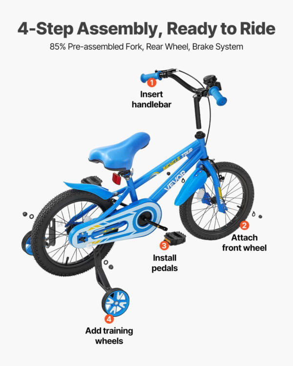 689a38a997f59d6c06ea3dc05e2bbf31e71172a446870dd4e5589.jpg VEVOR Kids Bike, 14/16/18 Inches BMX Style Children Bicycle, Training Wheels Included, Sturdy and Easy to Assemble, Toddler Bike for Boys & Girls Learning to Ride, Blue