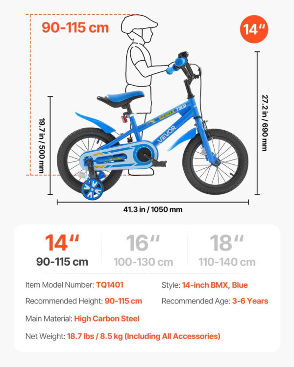 689a38c21a9c02b5e455893942194d6d01ca8b4e792c3918359fc.jpg VEVOR Kids Bike, 14/16/18 Inches BMX Style Children Bicycle, Training Wheels Included, Sturdy and Easy to Assemble, Toddler Bike for Boys & Girls Learning to Ride, Blue