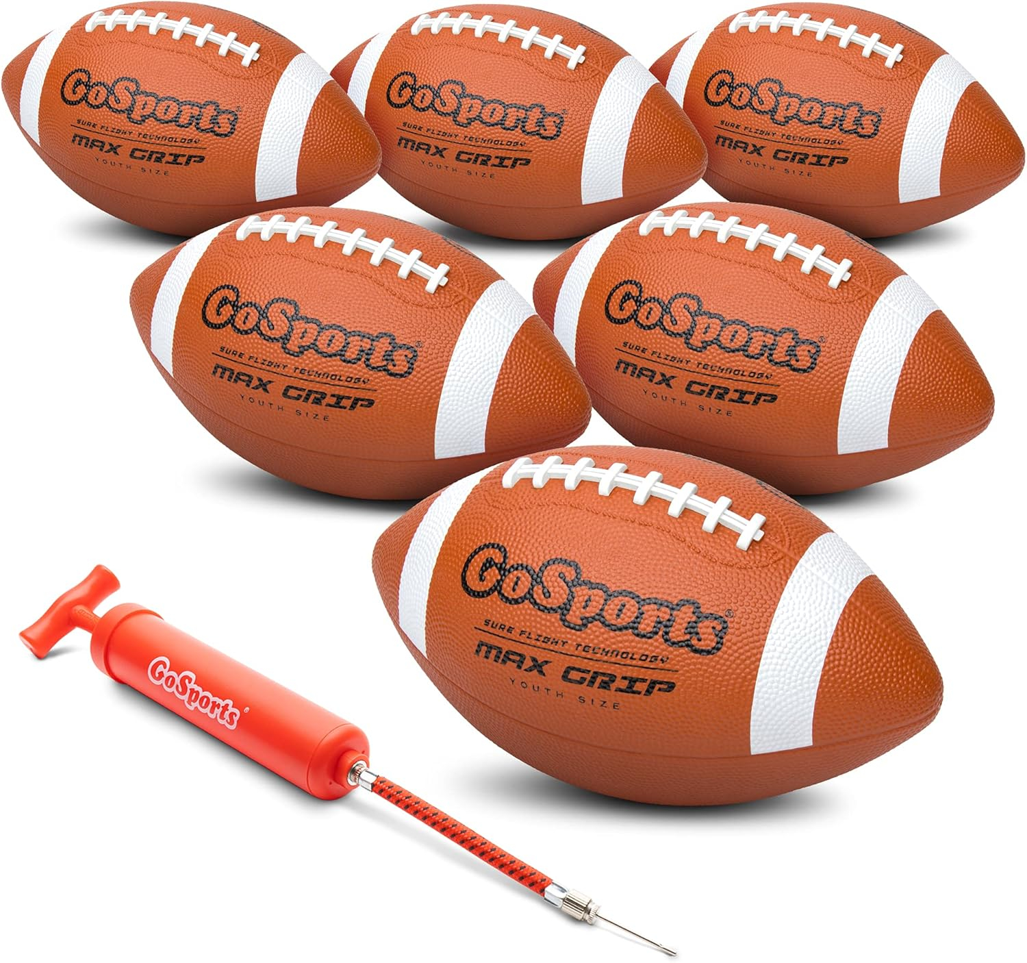 GoSports Rubber Footballs - 6 Pack of Youth Size Balls with Pump & Carrying Bag