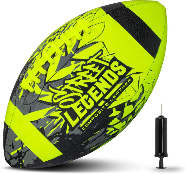 689a41293aa9d0b85813fee6574f1cea884a0c8fe83de1432506c.jpg Street Legends Youth Football for Kids, Graffiti Printed Composite Leather Size 8 Football- Includes Pump, Made for Training, Practicing, & Recreational Play