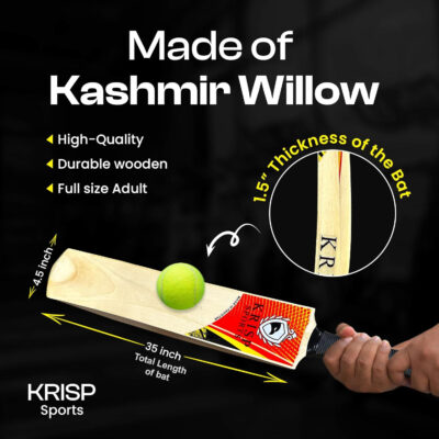 Cricket Bat Kashmir Willow Wooden Handmade Adult Full Size Cane Handle Cricket Bat for Soft Tennis Tape Ball Tournament Practice Indoor Outdoor Cricket Match by Krisp Sports