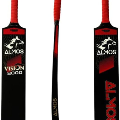 Almos Sports Vision-8000 Tape Ball Cricket Bat – Lightweight Curved Profile for Tapped Tennis Ball & Softball Cricket | Powerful Strokes for Enhanced Performance for Adults, Black Red & White Red |