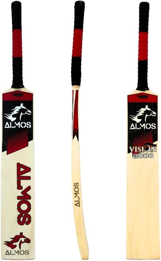 Almos Sports Vision-8000 Tape Ball Cricket Bat – Lightweight Curved Profile for Tapped Tennis Ball & Softball Cricket | Powerful Strokes for Enhanced Performance for Adults, Black Red & White Red |