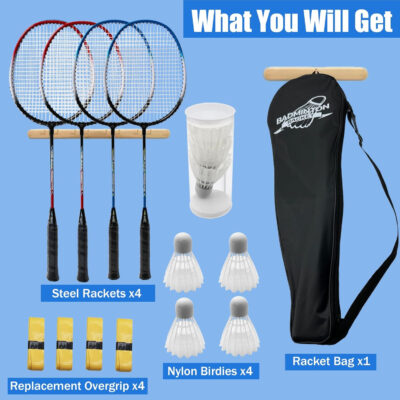 Magicorange Badminton Rackets Set of 4 for Outdoor Backyard Games, Including 4 Racquets,4 Shuttlecocks, 4 Replacement Grip Tapes & 1 Carry Bag