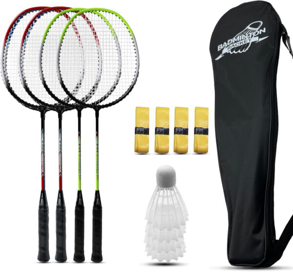 Magicorange Badminton Rackets Set of 4 for Outdoor Backyard Games, Including 4 Racquets,4 Shuttlecocks, 4 Replacement Grip Tapes & 1 Carry Bag