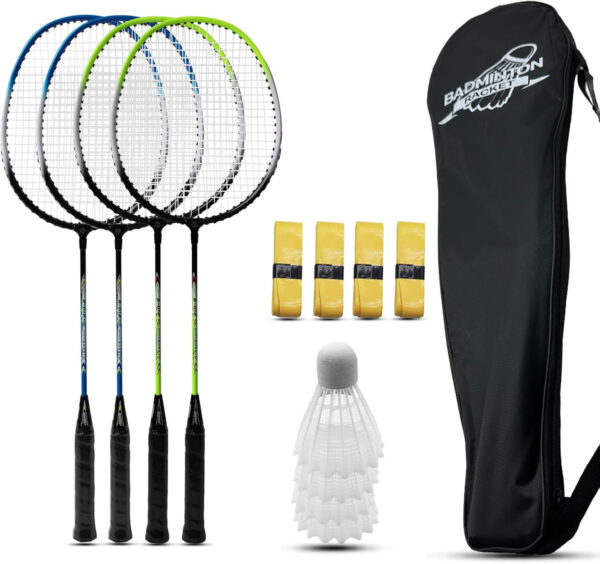 Magicorange Badminton Rackets Set of 4 for Outdoor Backyard Games, Including 4 Racquets,4 Shuttlecocks, 4 Replacement Grip Tapes & 1 Carry Bag