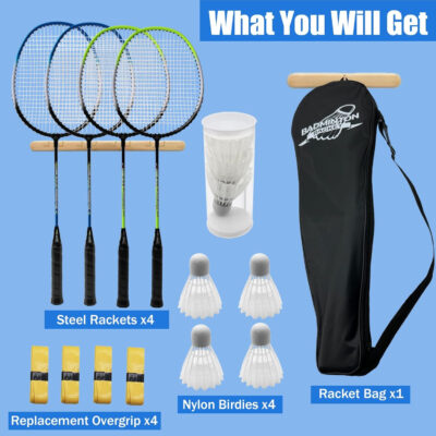 Magicorange Badminton Rackets Set of 4 for Outdoor Backyard Games, Including 4 Racquets,4 Shuttlecocks, 4 Replacement Grip Tapes & 1 Carry Bag