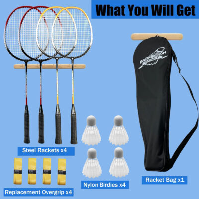 Magicorange Badminton Rackets Set of 4 for Outdoor Backyard Games, Including 4 Racquets,4 Shuttlecocks, 4 Replacement Grip Tapes & 1 Carry Bag