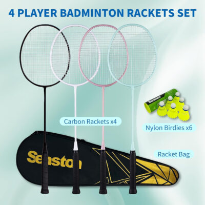689a470026e63062b23a0020132015a6f8f70b9f31a778f45a81f.jpg Senston Professional Badminton Rackets Set of 4 - Carbon Fiber, 6 Shuttlecocks, 4 Grips & Bag for Backyard Games | 90g Lightweight