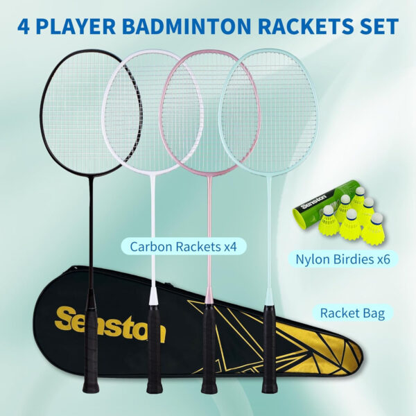 689a470026e63062b23a0020132015a6f8f70b9f31a778f45a81f.jpg Senston Professional Badminton Rackets Set of 4 - Carbon Fiber, 6 Shuttlecocks, 4 Grips & Bag for Backyard Games | 90g Lightweight