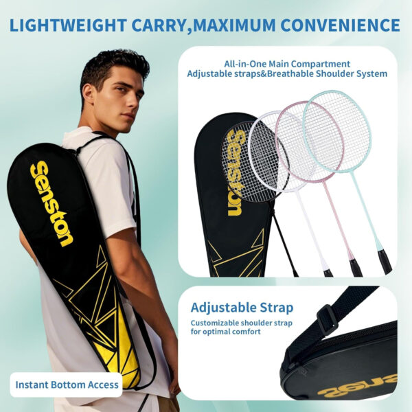 689a470340fb85160eba3b6f0201affdad3a0394764a38177b1f0.jpg Senston Professional Badminton Rackets Set of 4 - Carbon Fiber, 6 Shuttlecocks, 4 Grips & Bag for Backyard Games | 90g Lightweight