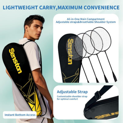 689a470c7ffcaa562d06e6d78a8b8a21ce5f15851137f3f132ecc.jpg Senston Professional Badminton Rackets Set of 4 - Carbon Fiber, 6 Shuttlecocks, 4 Grips & Bag for Backyard Games | 90g Lightweight