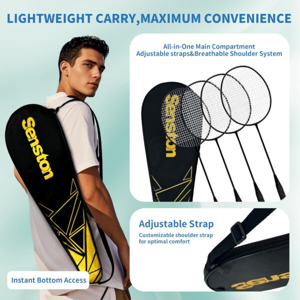 689a470c7ffcaa562d06e6d78a8b8a21ce5f15851137f3f132ecc.jpg Senston Professional Badminton Rackets Set of 4 - Carbon Fiber, 6 Shuttlecocks, 4 Grips & Bag for Backyard Games | 90g Lightweight