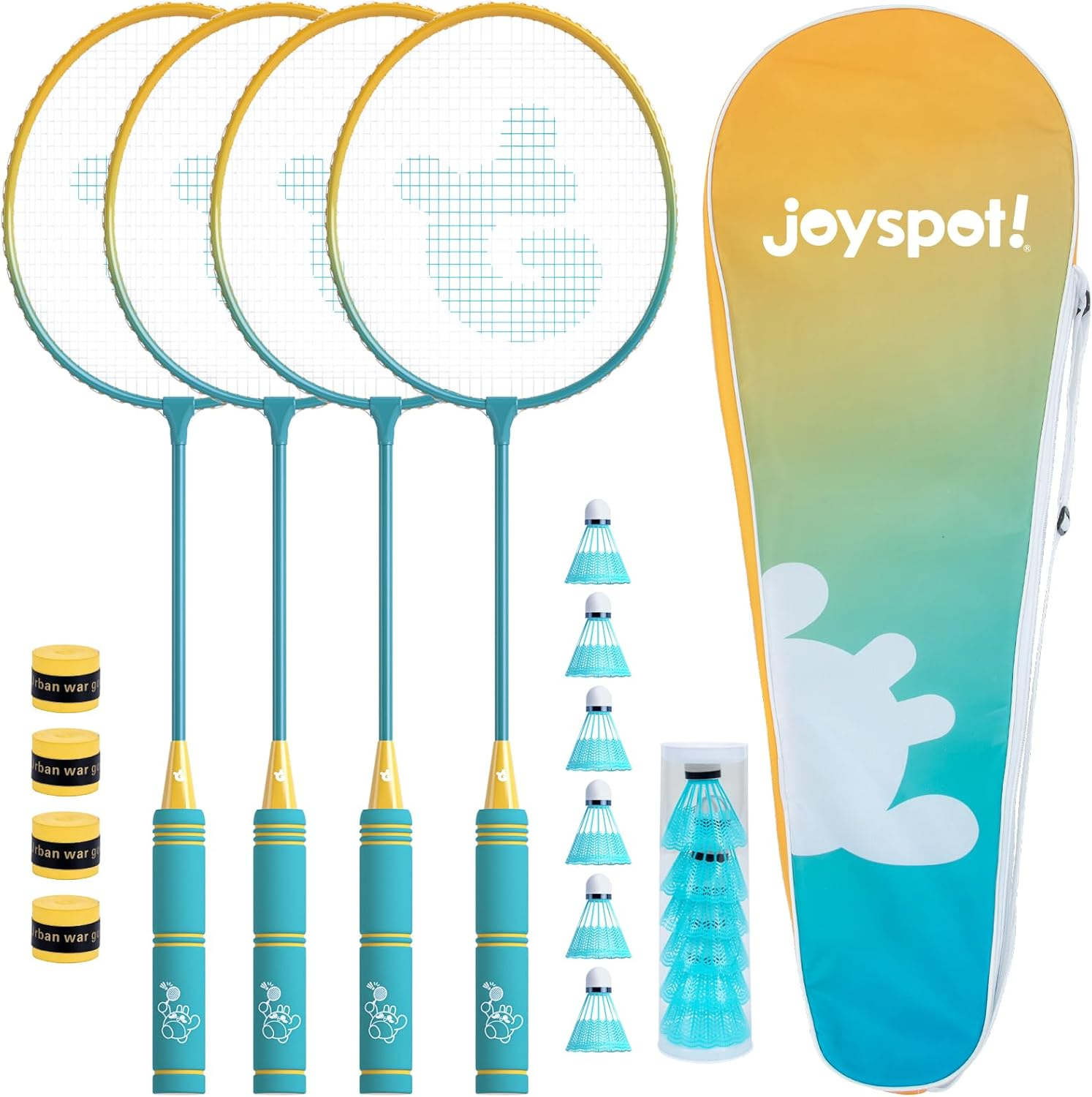Badminton Rackets Set of 4 for Outdoor Backyard Games,Including 4 Rackets, 6 Nylon Shuttlecocks, 4 Replacement Grip Tapes and 1 Carrying Bag, Lightweight Badminton Racquets for Kids Adults Beginners