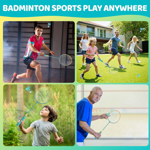 689a47bbc95757213a359421c7e46a18b24726fa443b225a250ae.jpg Badminton Rackets Set of 4 for Outdoor Backyard Games,Including 4 Rackets, 6 Nylon Shuttlecocks, 4 Replacement Grip Tapes and 1 Carrying Bag, Lightweight Badminton Racquets for Kids Adults Beginners