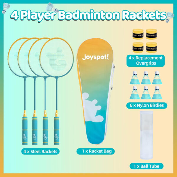 689a47be0689a3019a2da83a6c903947d6b71fc360b6e69f87da5.jpg Badminton Rackets Set of 4 for Outdoor Backyard Games,Including 4 Rackets, 6 Nylon Shuttlecocks, 4 Replacement Grip Tapes and 1 Carrying Bag, Lightweight Badminton Racquets for Kids Adults Beginners