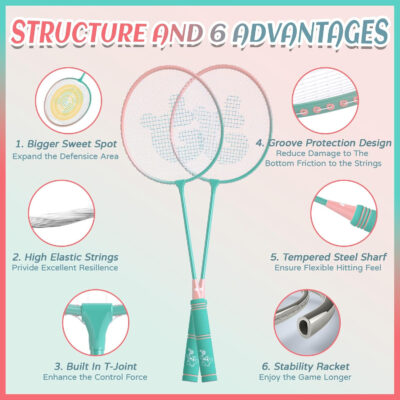 689a47cd243e4e47de031bccf28e9e6bed580e64dc20afe34079e.jpg Badminton Rackets Set of 4 for Outdoor Backyard Games,Including 4 Rackets, 6 Nylon Shuttlecocks, 4 Replacement Grip Tapes and 1 Carrying Bag, Lightweight Badminton Racquets for Kids Adults Beginners