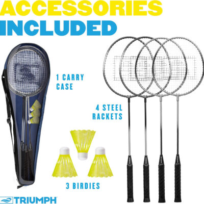 Triumph Sports 4-Player Badminton Set with 4 Rackets, 3 Shuttlecocks and 1 Carry Case, Black