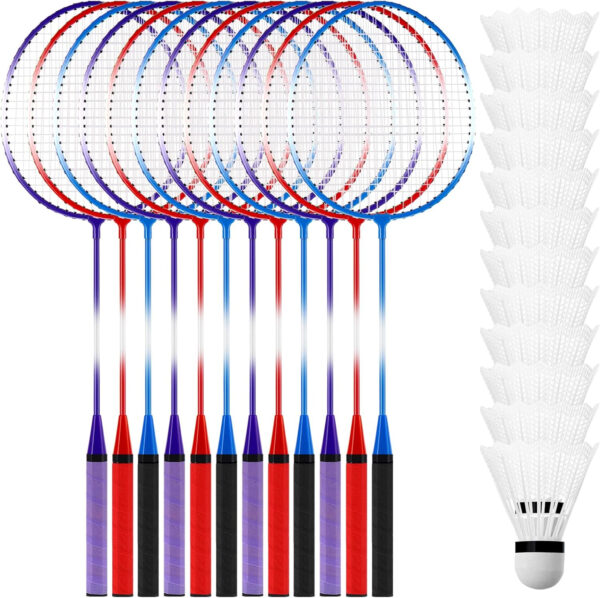 689a4887f090fe8d838d2363dfcc462593e57e4e927bcbc7940de.jpg Meooeck 12 Pcs Badminton Rackets Set for Adults and Teenagers Badminton Set with 12 Pcs Nylon Shuttlecocks for Backyard Gym Beach Outdoor Games, Red, Purple and Blue