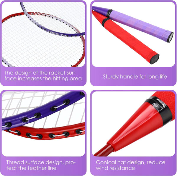 689a488a4873393681a78bc79e099f47861596d9c16ef04f66b48.jpg Meooeck 12 Pcs Badminton Rackets Set for Adults and Teenagers Badminton Set with 12 Pcs Nylon Shuttlecocks for Backyard Gym Beach Outdoor Games, Red, Purple and Blue