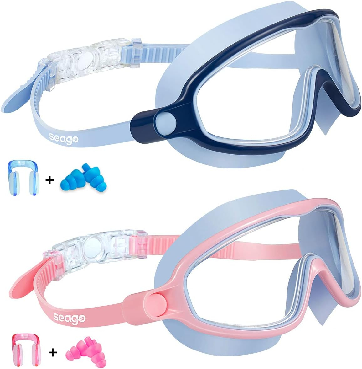 Seago Swim Goggles 2 Pack Anti-Fog Anti-UV Wide View Swimming Goggles for Kids 3-14
